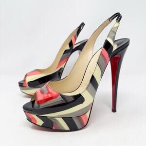 Christian Louboutin Lady Peep Sling Patent Graffiti Platform Heels Pumps Size 40